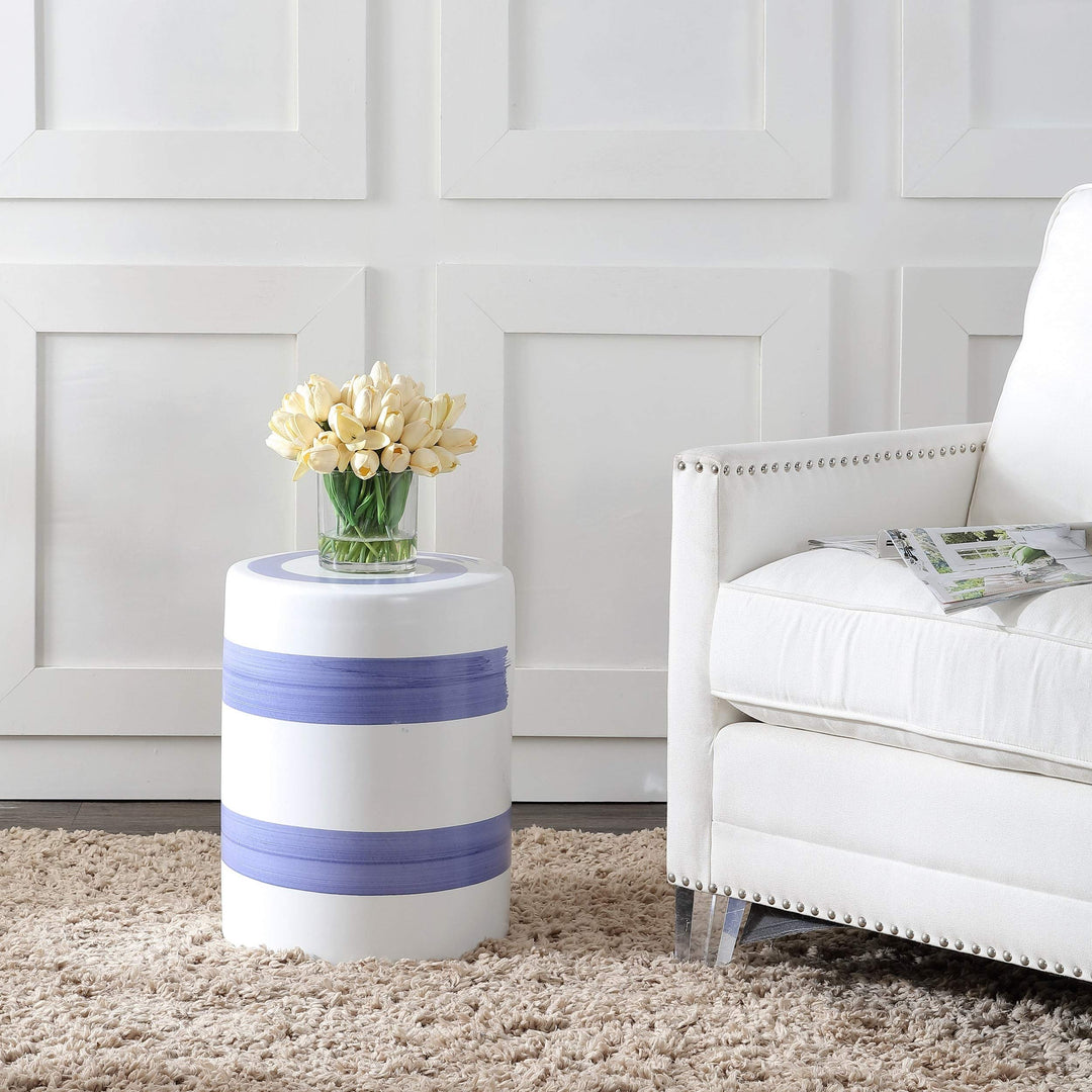 Stripe Ceramic Decorative Garden Stool Blue White Modern Contemporary Glossy
