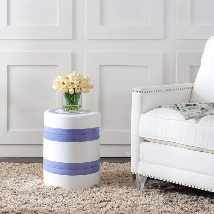Stripe Ceramic Decorative Garden Stool Blue White Modern Contemporary Glossy