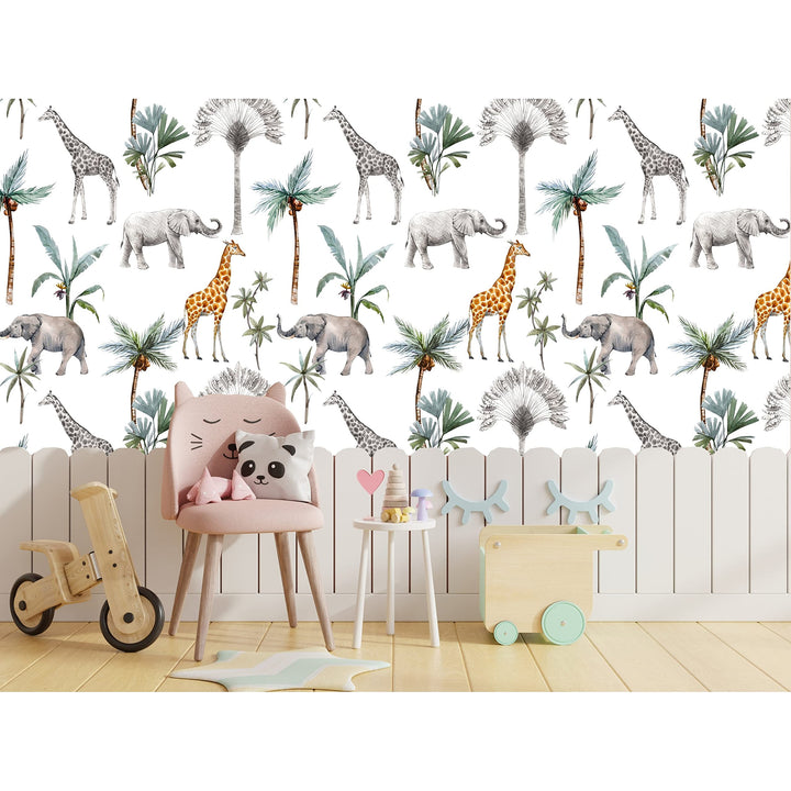 Safari Animals and Palms Removable Wallpaper 24'' Inch X 10'ft Black Grey - Diamond Home USA