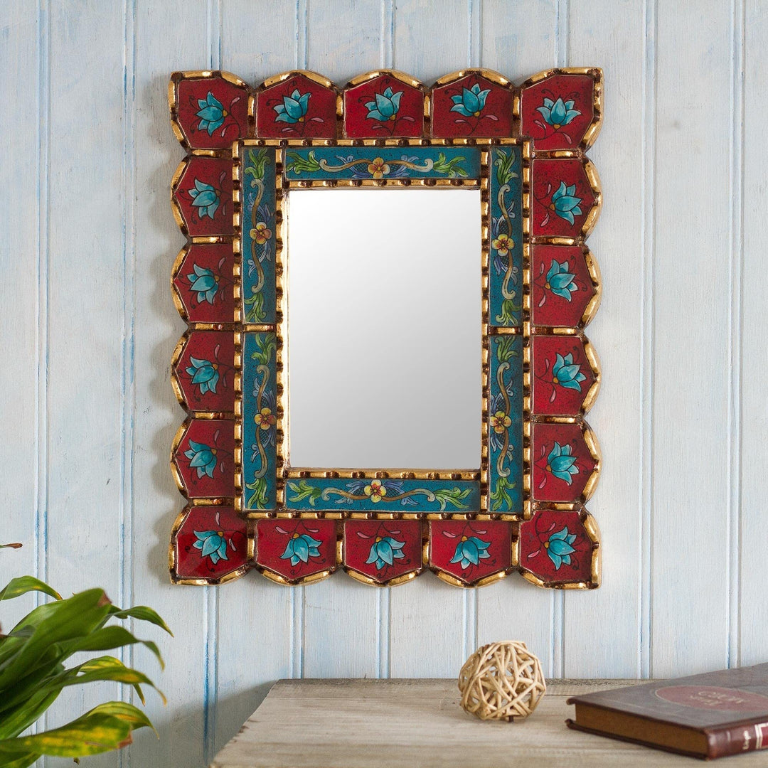 Handmade Blossoms in Red Reverse-Painted Glass Wall Mirror Mid-Century Modern - Diamond Home USA