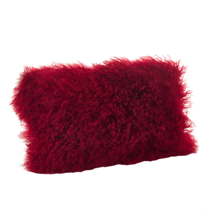 SARO LIFESTYLE 100% Wool Mongolian Lamb Fur Throw Pillow with Poly Filling 12" x 12"x20" - Red