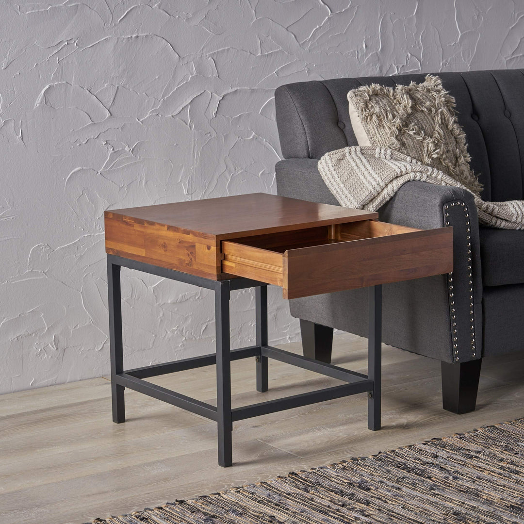 Industrial Square Acacia Wood Storage End Table by Brown Country Farmhouse - Diamond Home USA