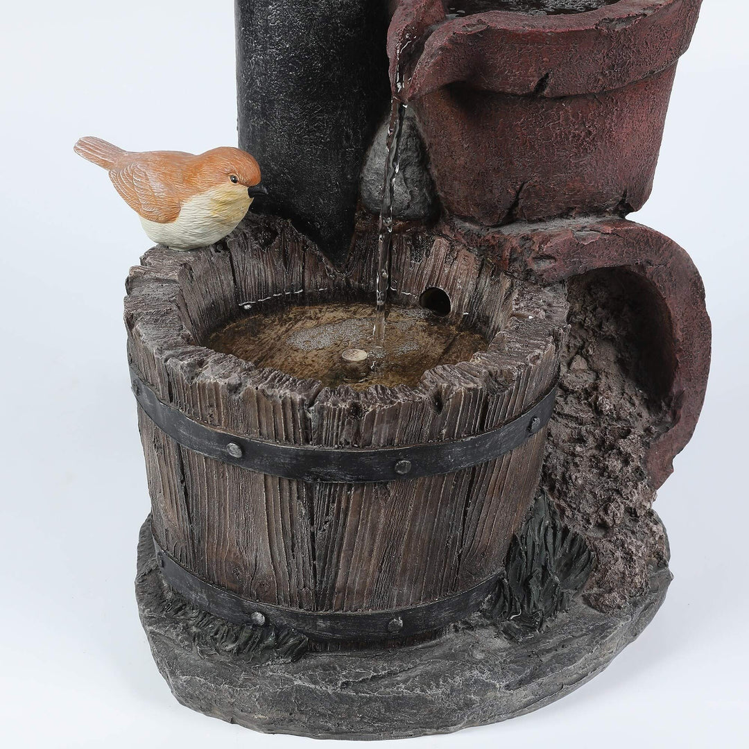 Cement Whiskey Barrels and Water Pump Outdoor Patio Fountain Blue Brown - Diamond Home USA