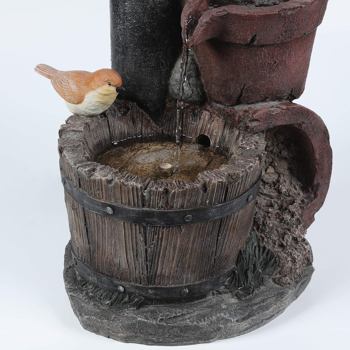 Cement Whiskey Barrels and Water Pump Outdoor Patio Fountain Blue Brown - Diamond Home USA