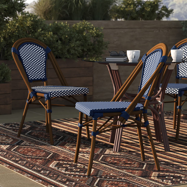 Taylor & Logan Nadia Indoor/Outdoor Stackable French Bistro Chairs in Navy/White Navy & White/Natural Frame
