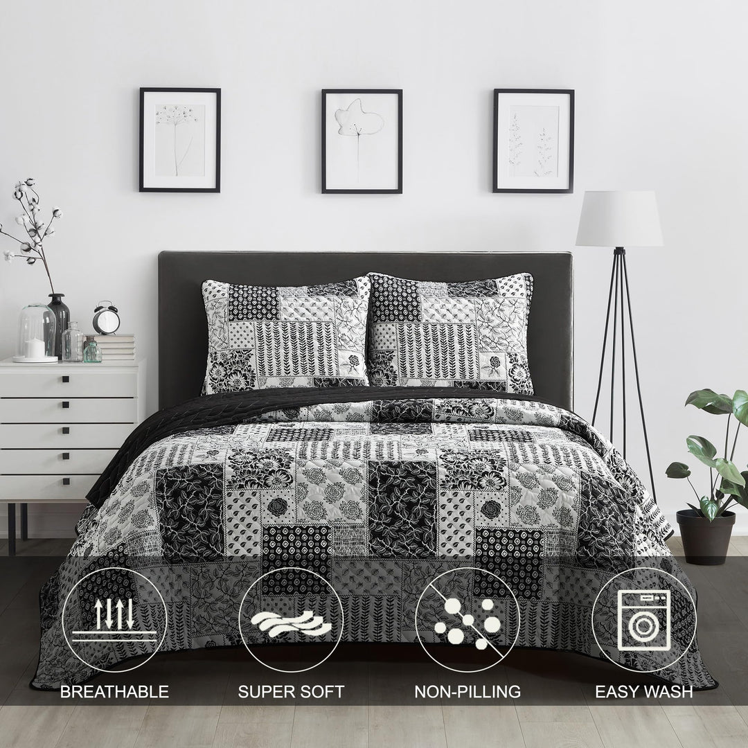 Stratford Park All Season Floral Printing 3 Piece Quilt Set Queen Size Black
