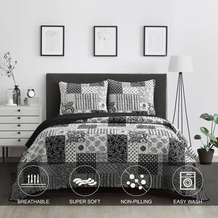 Stratford Park All Season Floral Printing 3 Piece Quilt Set Queen Size Black