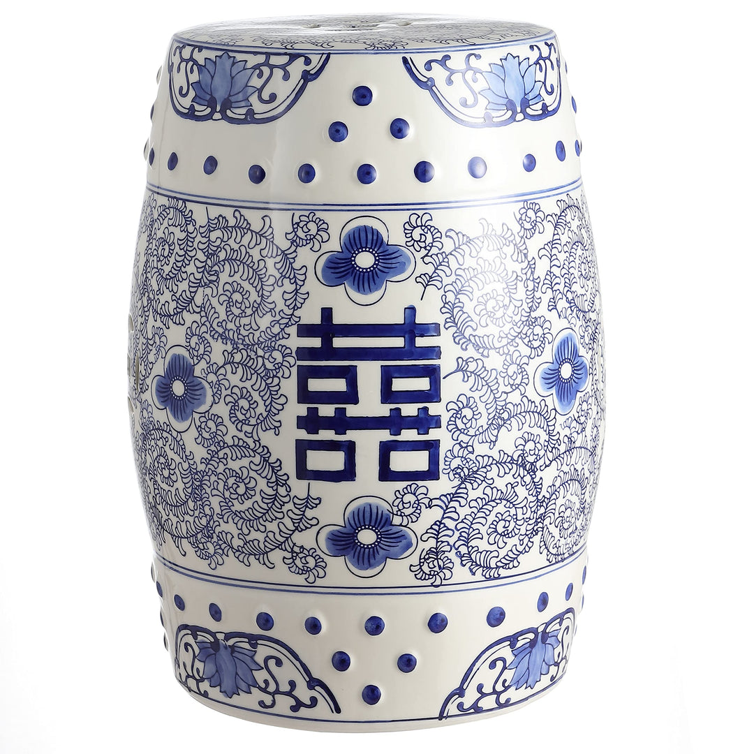 Double Happiness 18" Chinoiserie Ceramic Drum Garden Stool Blue/White Blue White - Diamond Home USA