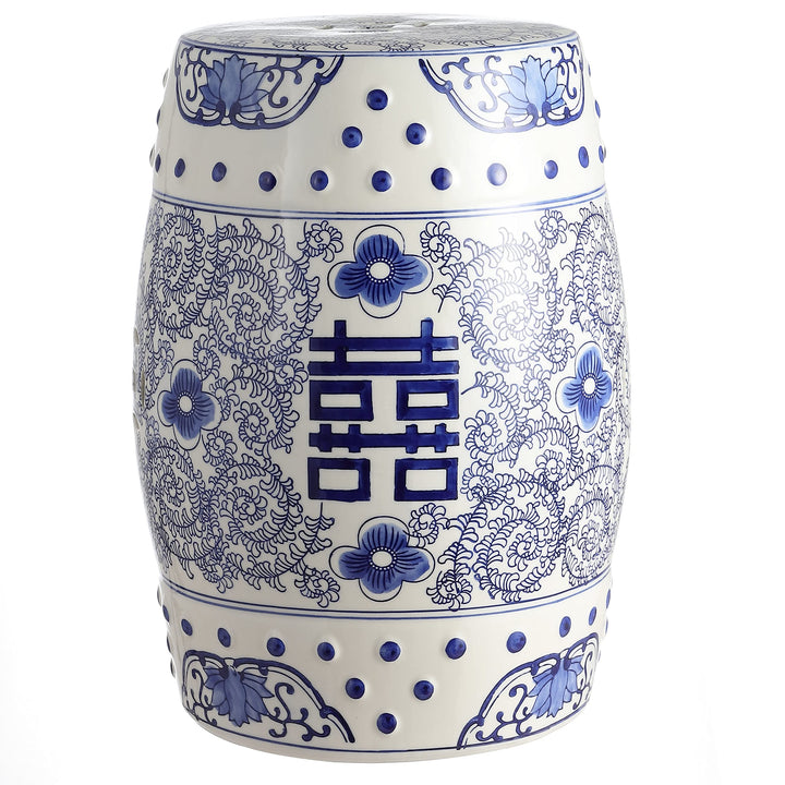 Double Happiness 18" Chinoiserie Ceramic Drum Garden Stool Blue/White Blue White - Diamond Home USA