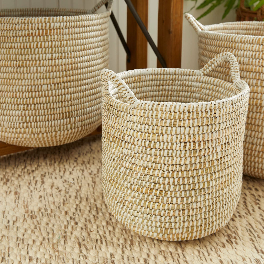 Rd Baskets W/hndles St/3 White Wicker - Diamond Home USA