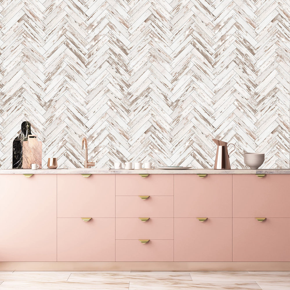 MuralsPrint Rustic Wood Parquet Removable Wallpaper - 10'ft H x 24''inch W - Diamond Home USA
