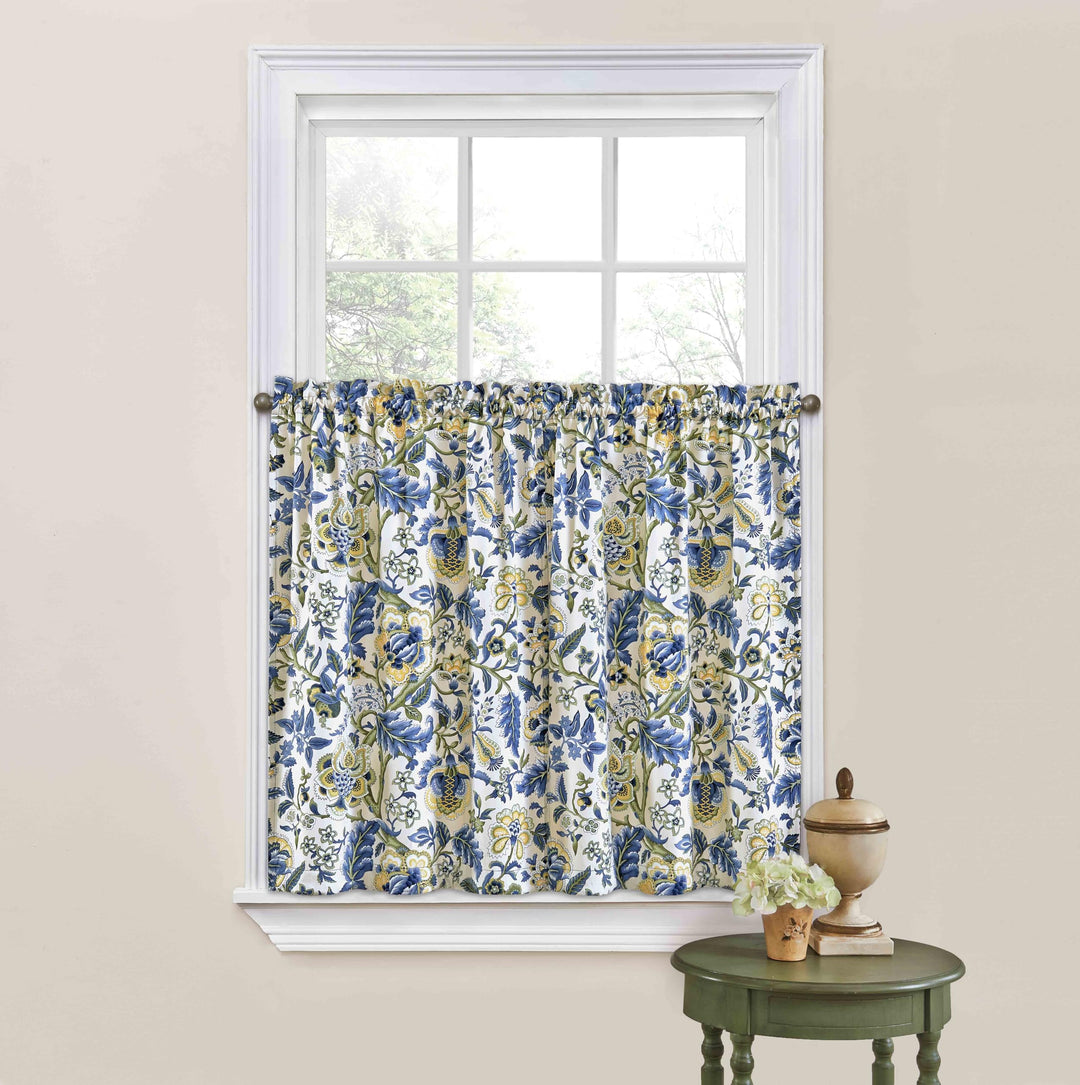 Waverly Imperial Dress Jacobean Floral Rod Pocket Tier Pair for Kitchen and 52 x 24 - Porcelain