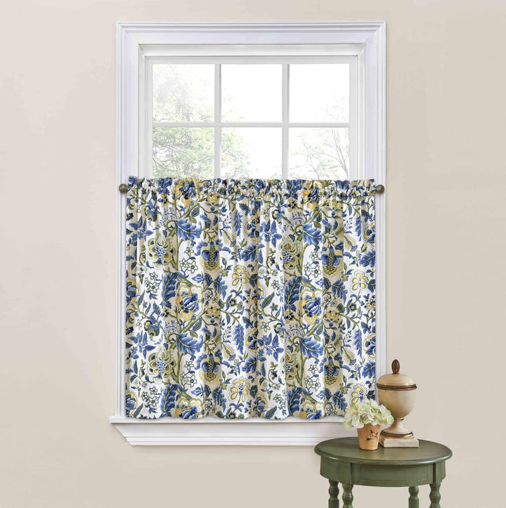 Waverly Imperial Dress Jacobean Floral Rod Pocket Tier Pair for Kitchen and 52 x 24 - Porcelain