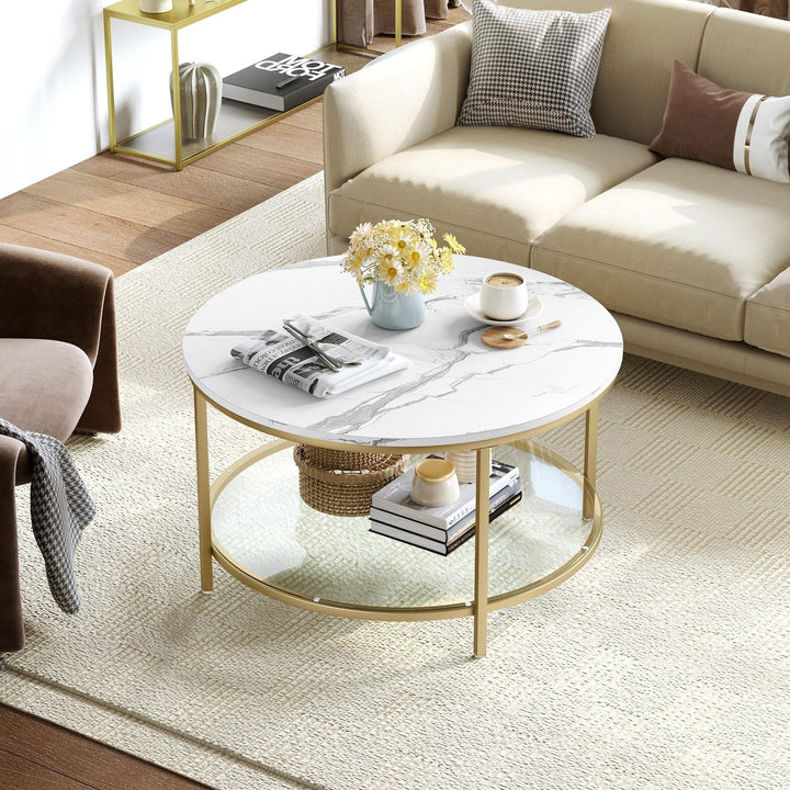 White Marble Pattern Round Coffee Table with Glass 2-Tier Circle Gold Frame White/Gold - Diamond Home USA