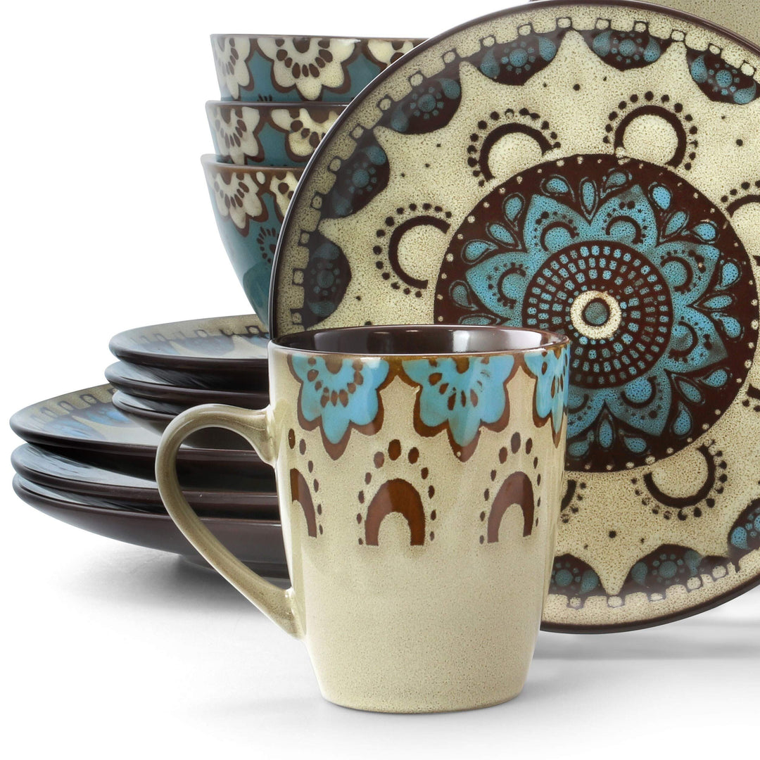 Sandstone Mandala 16 Piece Round Stoneware Dinnerware Set Brown Geometric Casual - Diamond Home USA