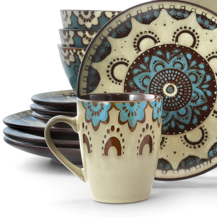 Sandstone Mandala 16 Piece Round Stoneware Dinnerware Set Brown Geometric Casual - Diamond Home USA