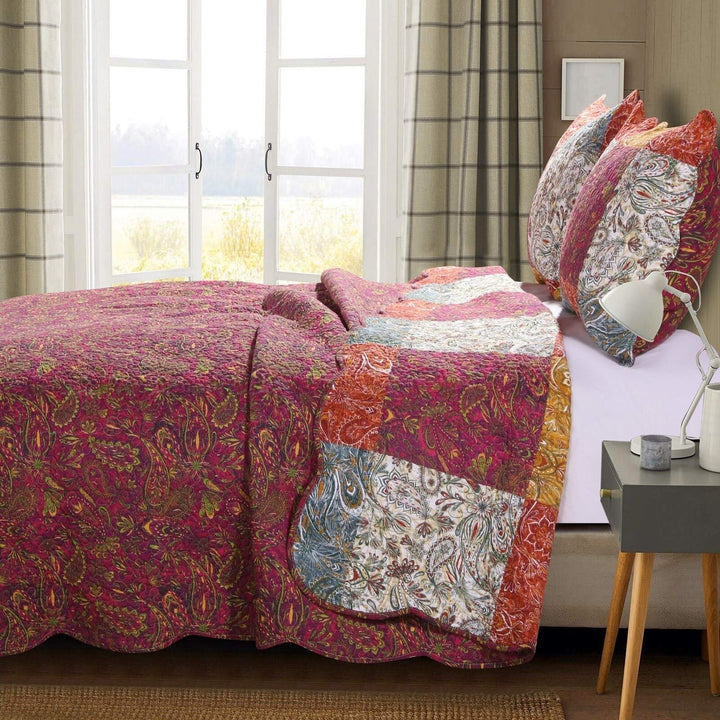 3 Piece Grey Purple Yellow Patchwork Quilt King/Cal King Set Patch Work - Diamond Home USA