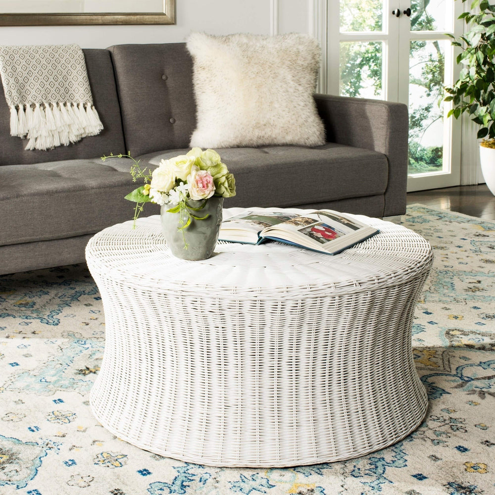 Round Wicker Ottoman White Large Rattan Coffee Table Rounded Shape Circular - Diamond Home USA