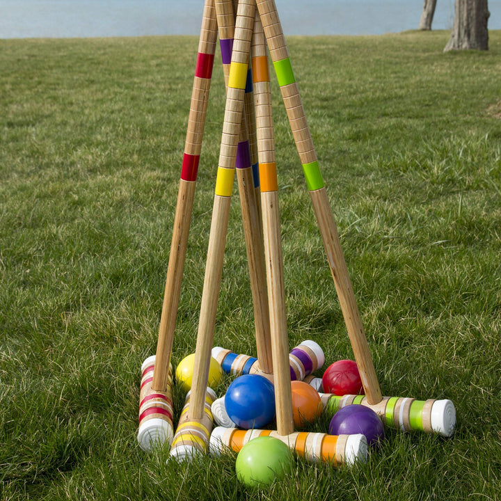 Complete Croquet Set with Carrying Case - Multicolor 3" Ball Boys Girls Wood - Diamond Home USA