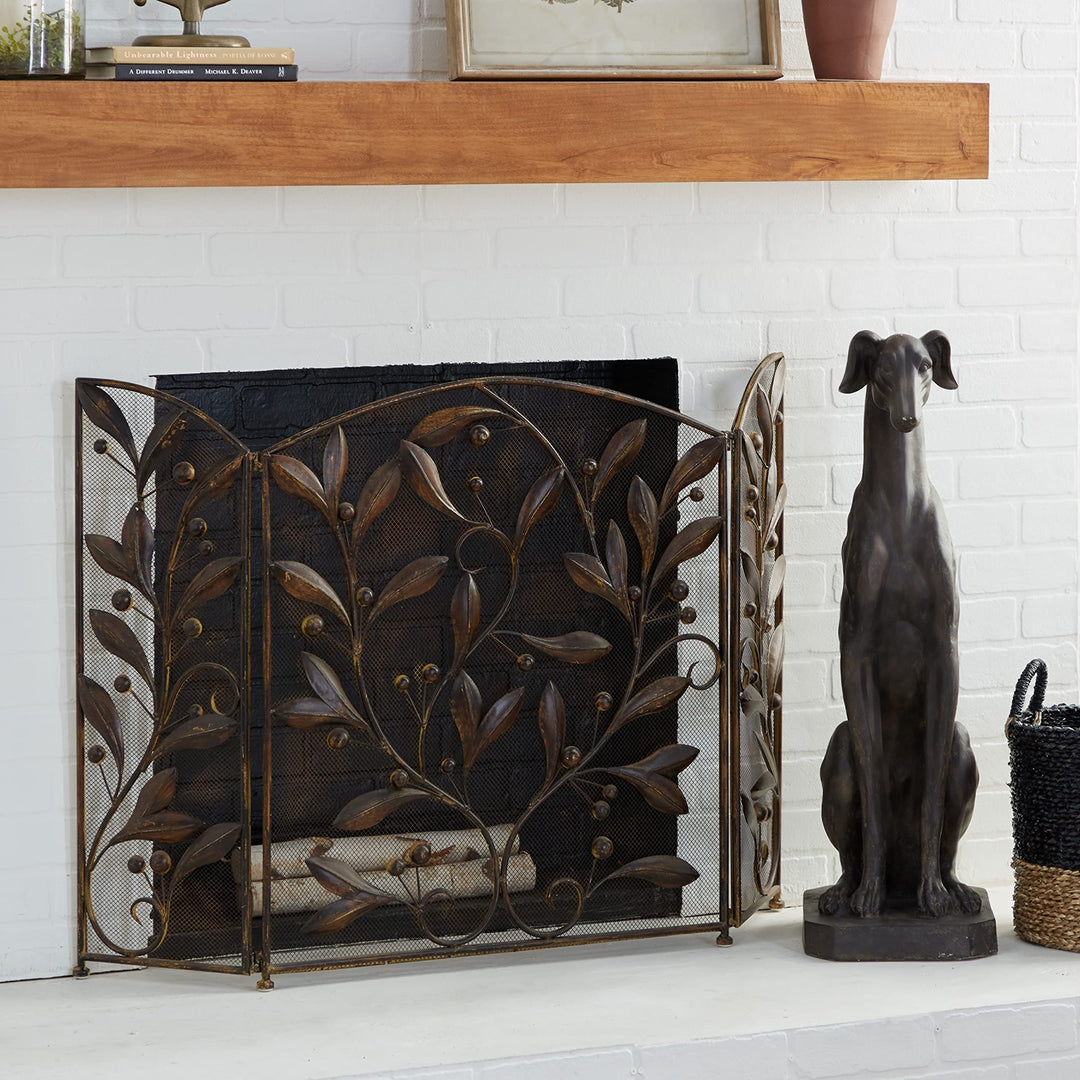 Brown Iron Eclectic Wood Fireplace Screen Floral 30 X 45 Modern Contemporary Grey