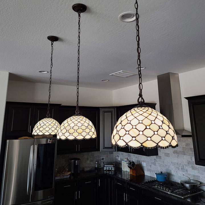 Tiffany Style Hanging Pendant Lamp Ceiling 12" Wide Stained Glass White Clear/White - Diamond Home USA