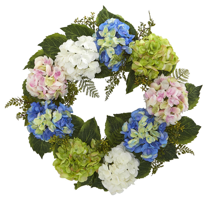 Nearly Natural 4207 Hydrangea Wreath 24" Blue green white pink