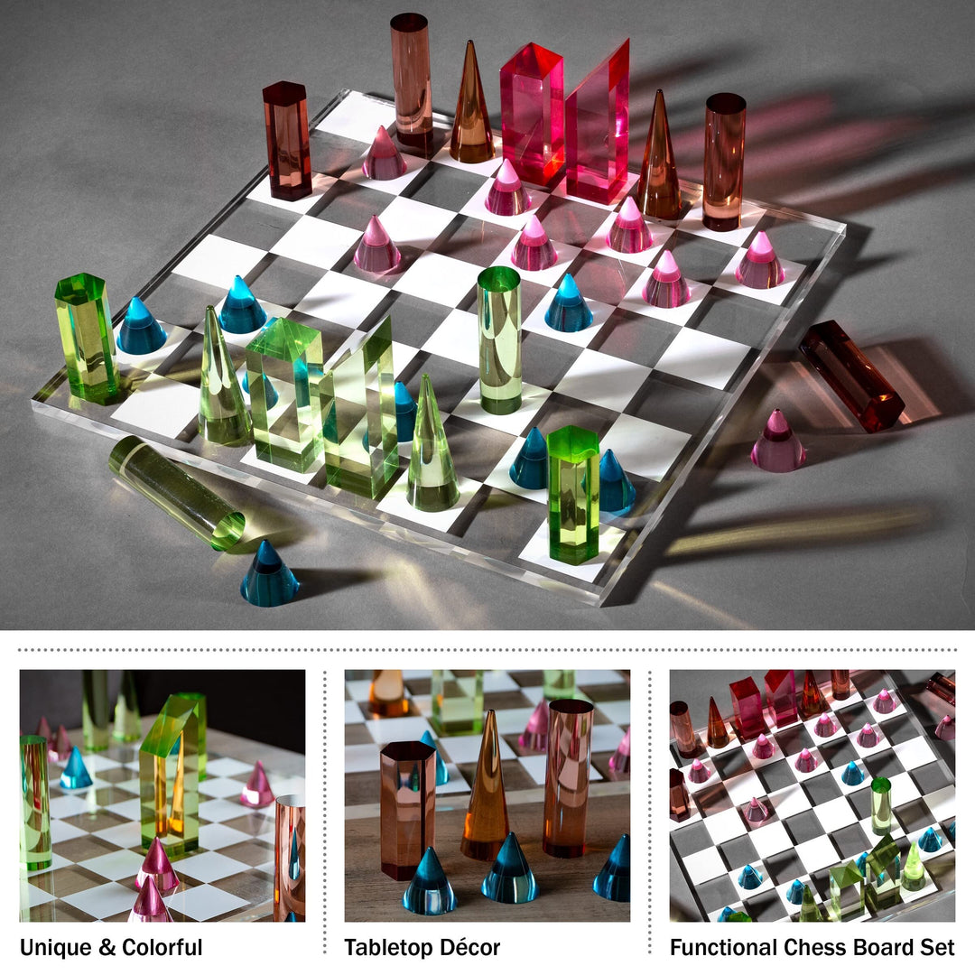 Modern Chess Set Acrylic Board with 32 Colorful Game Pieces Multi Color - Diamond Home USA