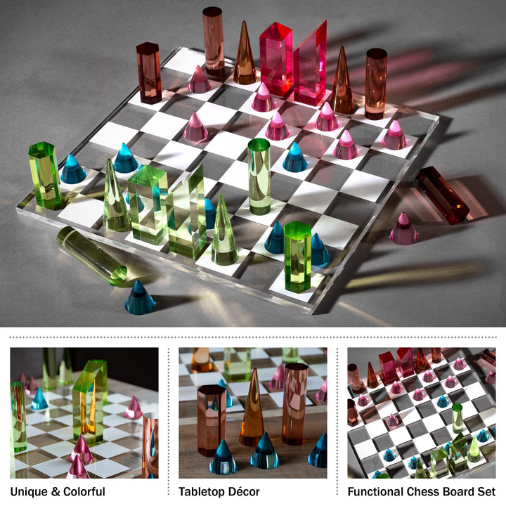 Modern Chess Set Acrylic Board with 32 Colorful Game Pieces Multi Color - Diamond Home USA