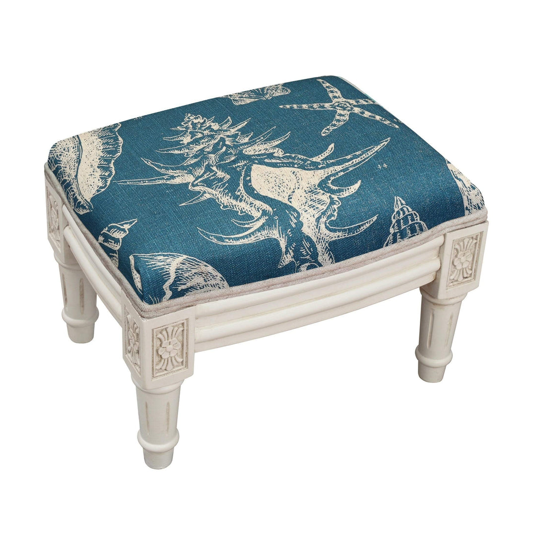 Navy Seashells Footstool Blue Nautical Coastal Solid Wood