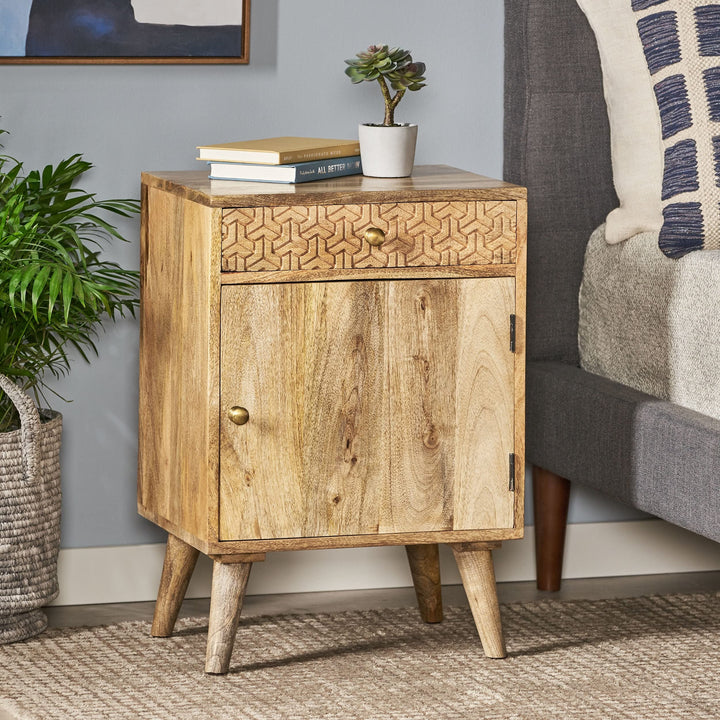Boho Handcrafted Mango Wood Nightstand with Storage tural Bohemian Eclectic