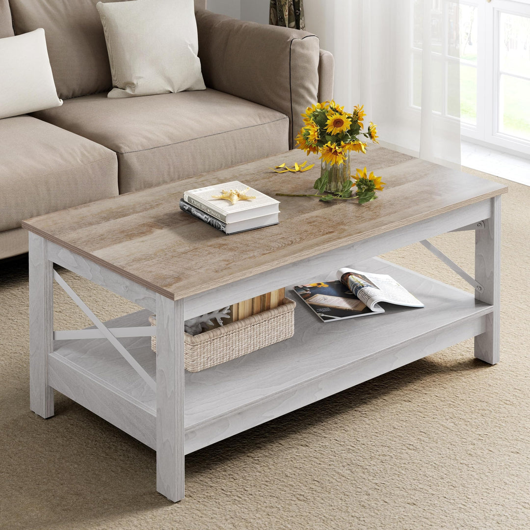 Farmhouse offee Table with Storage 2-Tier enter for Living Room White Modern Grey Wash Top+White - Diamond Home USA