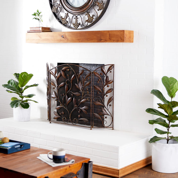 Brown Iron Eclectic Wood Fireplace Screen Floral 30 X 45 Modern Contemporary Grey - Diamond Home USA