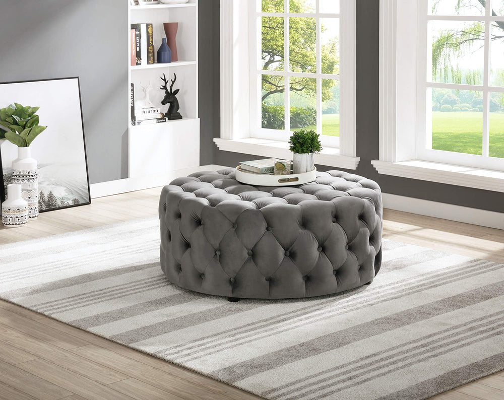 Best Master Furniture Sherlyn Tufted Velvet Round Ottoman/Footstool Gray Grey (Velvet) - Diamond Home USA