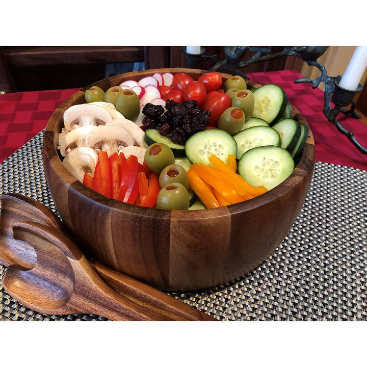 Large Salad Bowl With Servers -10" Bowl 10 X Brown Acacia 3 Piece - Diamond Home USA