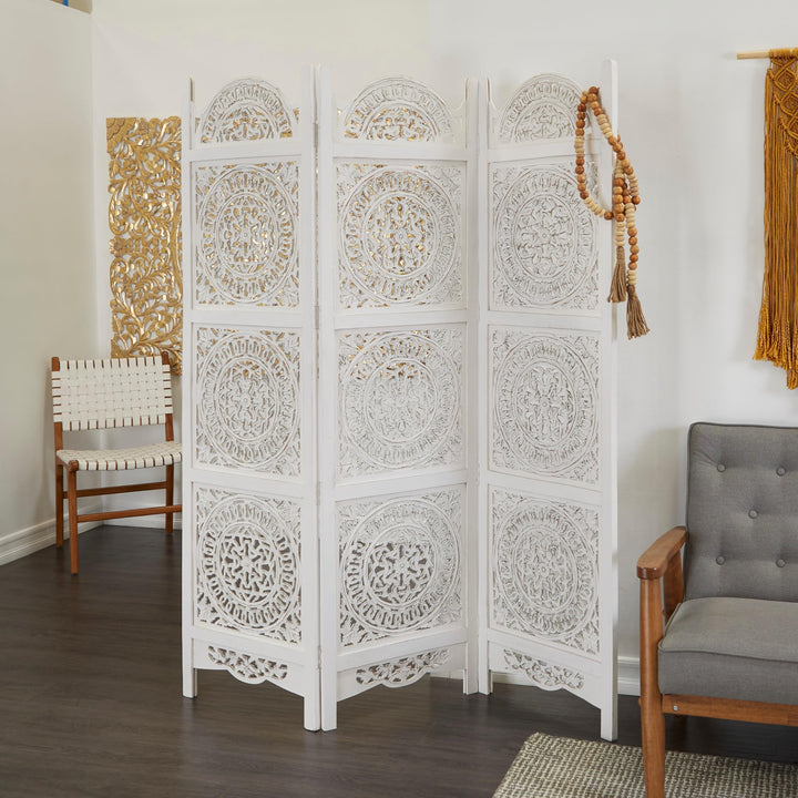 White Wood Hinged Foldable Partition 3 Panel Floral Room Divider Screen with