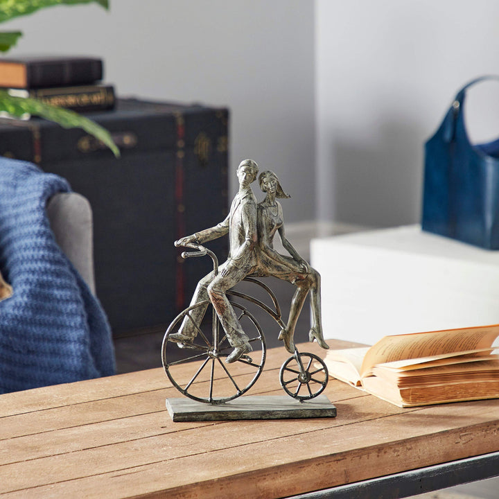 Polystone Distressed Metal Couple On Bicycle Sculpture 9" X 14" 9 X 5 13 Grey - Diamond Home USA