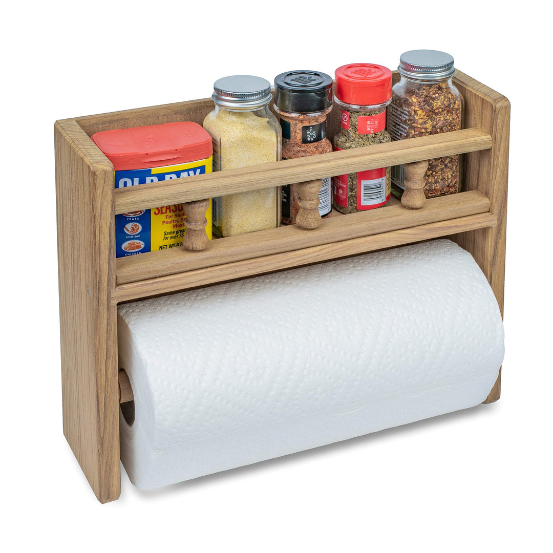 Teak Spice Rack with Paper Towel Holder - 13-1/16" W X 10" H 3-3/4" D Brown Wood