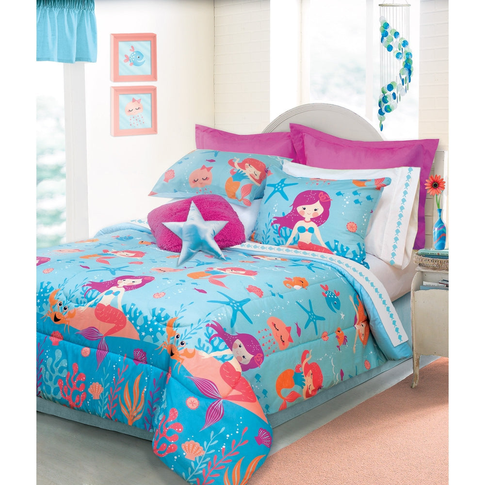 D.I.D. 3 Piece Girls Blue Orange Pink Mermaid Themed Comforter Full Queen Set - Diamond Home USA