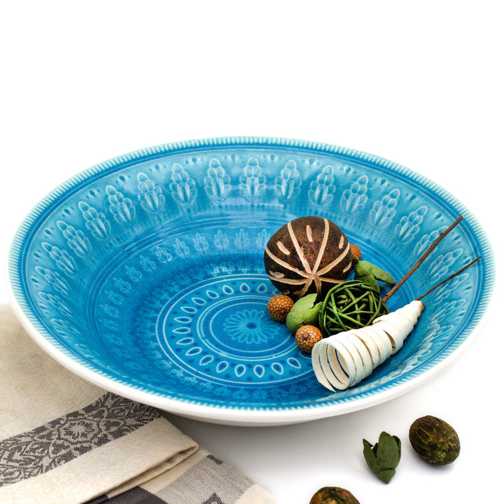 Euro Ceramica Fez Pasta 12" Serving Bowl Teardrop Mandala Design Turquoise - Diamond Home USA