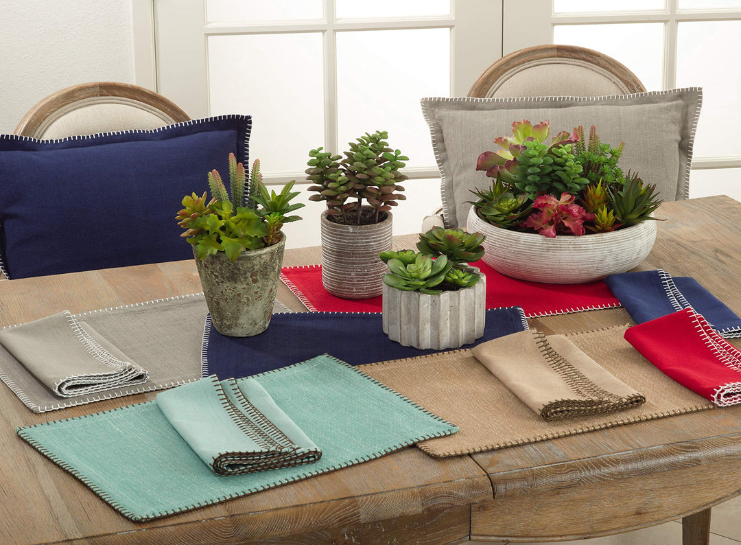 Saro Lifestyle Whip Stitched Design Cotton Placemat (Set of 4) Aqua 13"x19" - Diamond Home USA