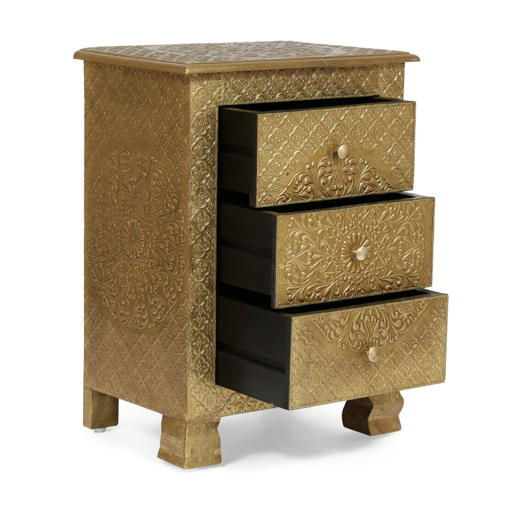 Christopher Knight Home Upson Handcrafted Boho 3 Drawer Nightstand Gold - Diamond Home USA