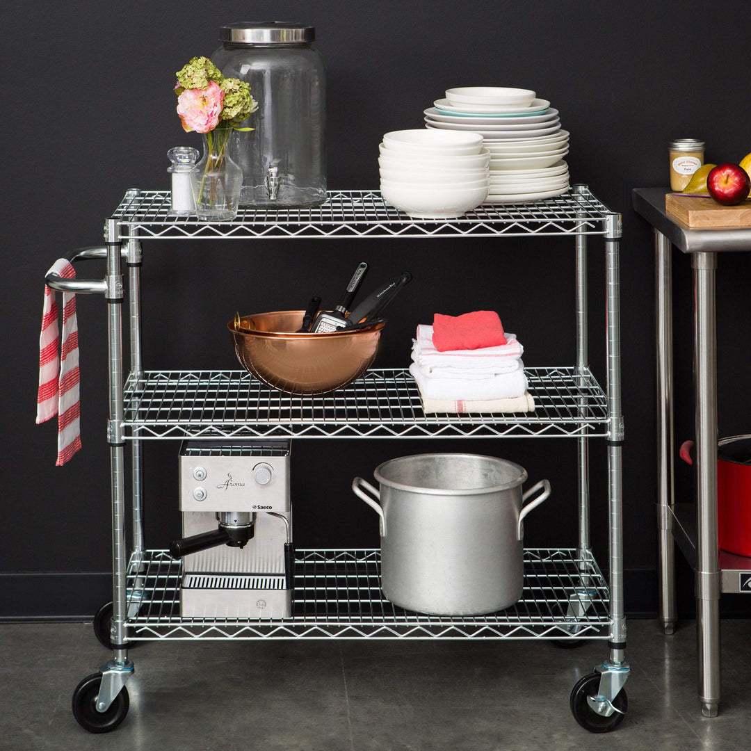 3-Tier Chrome Cart Silver Metal 1 Piece Rolling - Diamond Home USA