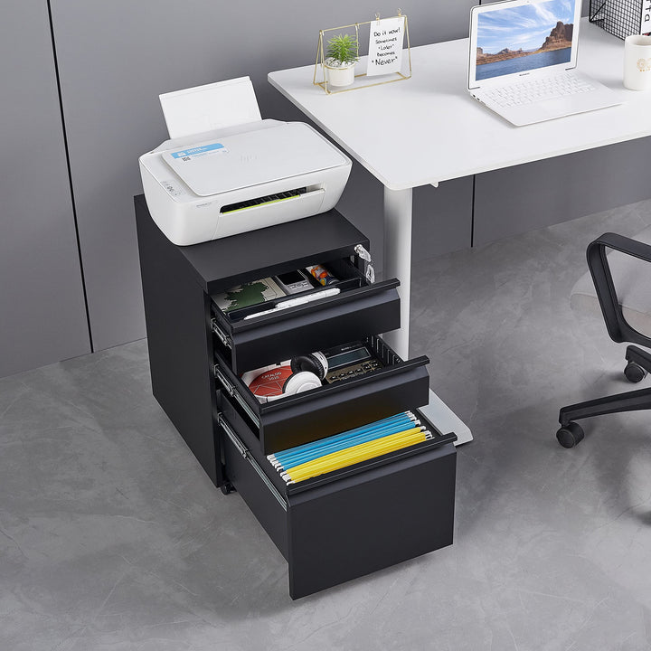 3 Drawer File Cabinet with Lock Steel Mobile Filing On Anti-tilt Wheels(lack) - Diamond Home USA