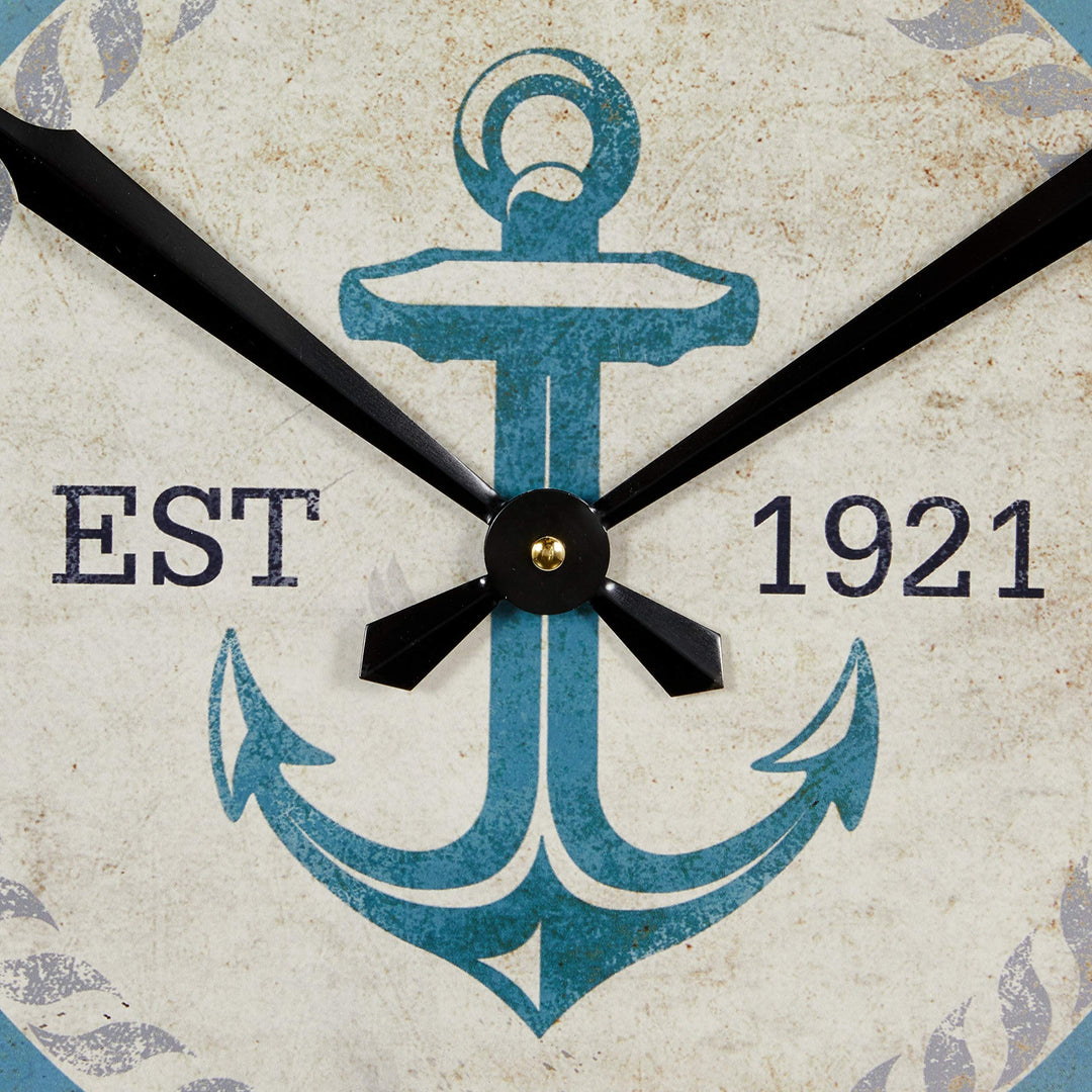 Large Round Blue and White Anchor Wood Wall Clock with Distressed Rim 3.75" X - Diamond Home USA