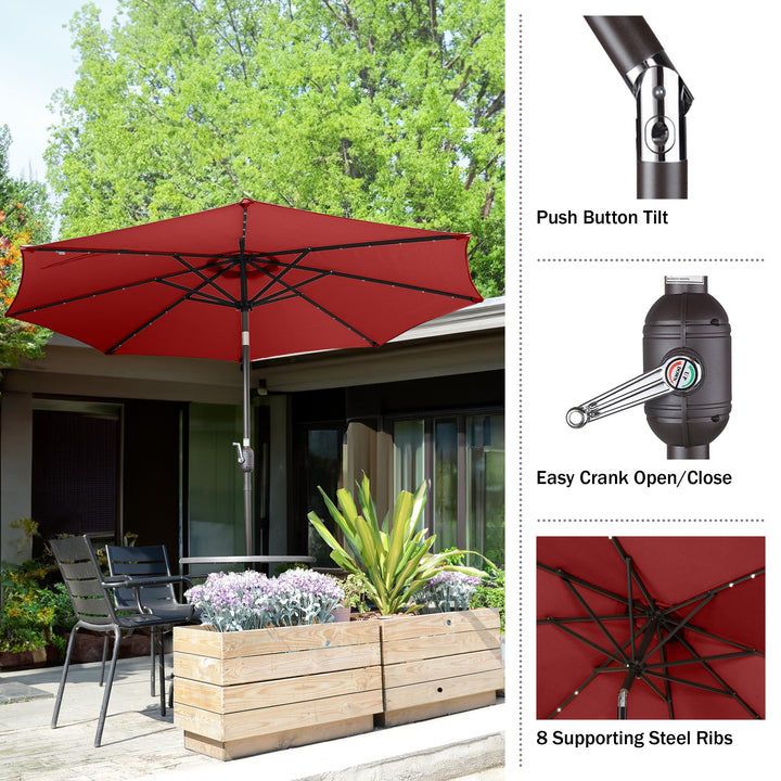 Villacera 9-Foot LED Outdoor Patio Umbrella with Solar Lights Red - Diamond Home USA