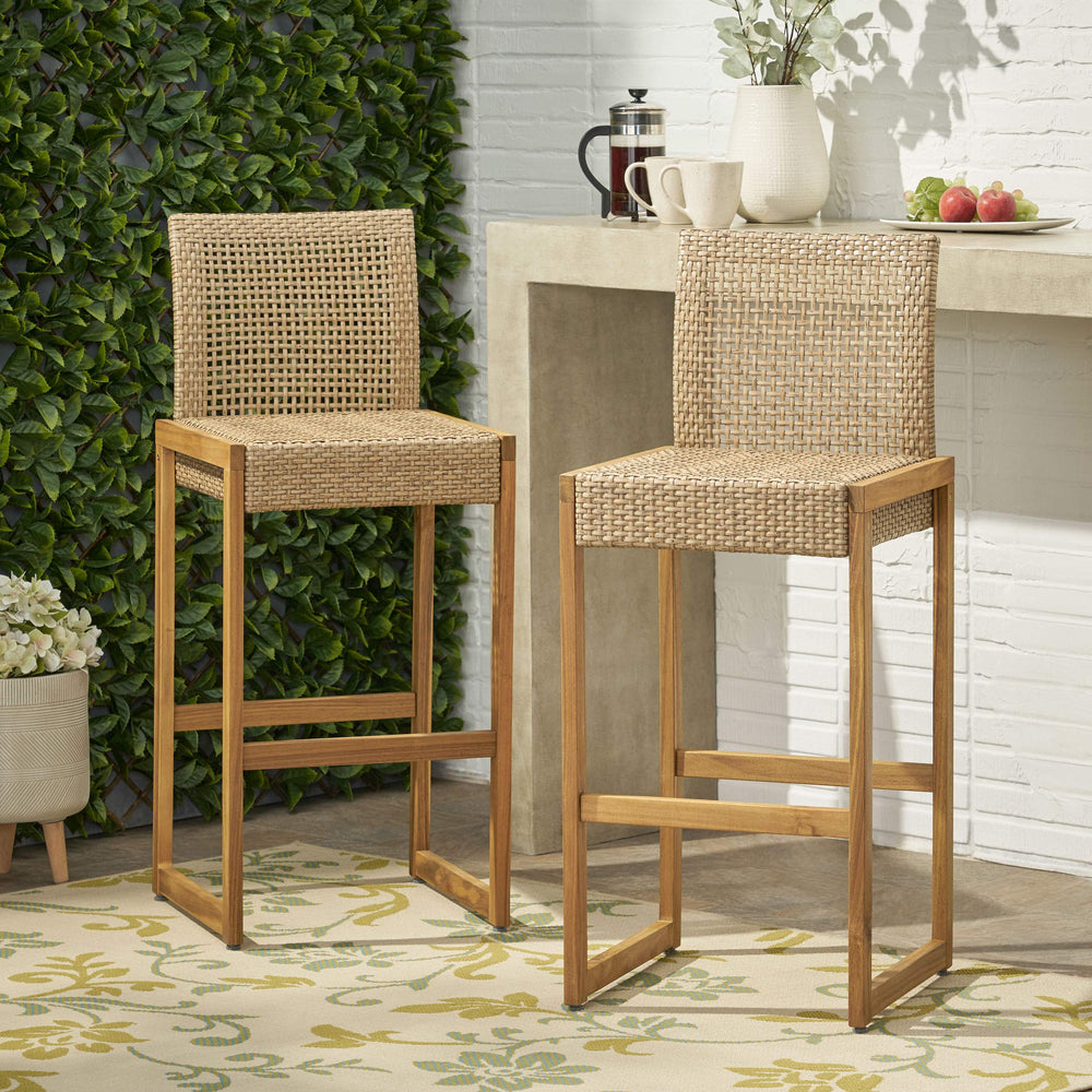 Christopher Knight Home Elon Outdoor Barstools - Wicker and Acacia Wood - - Diamond Home USA