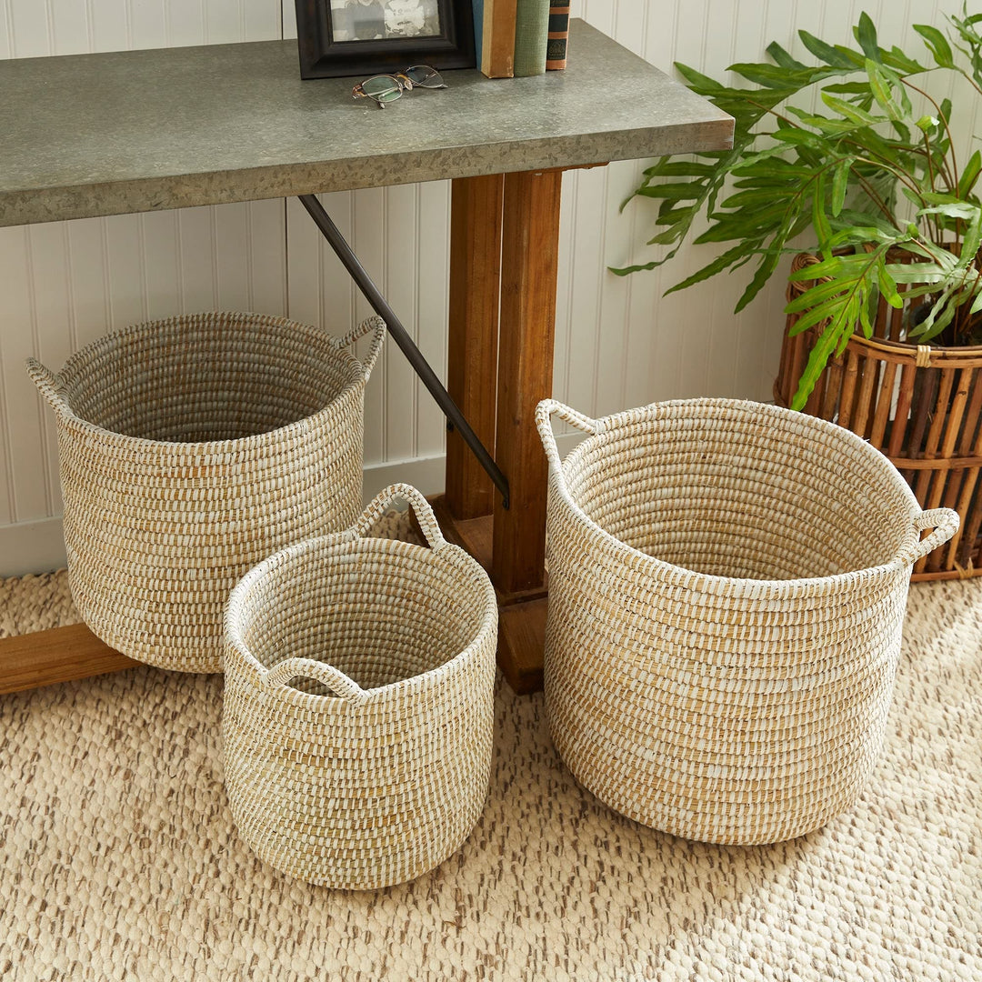 Rd Baskets W/hndles St/3 White Wicker - Diamond Home USA