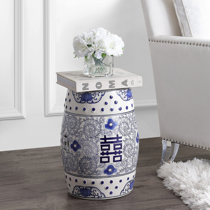 Double Happiness 18" Chinoiserie Ceramic Drum Garden Stool Blue/White Blue White