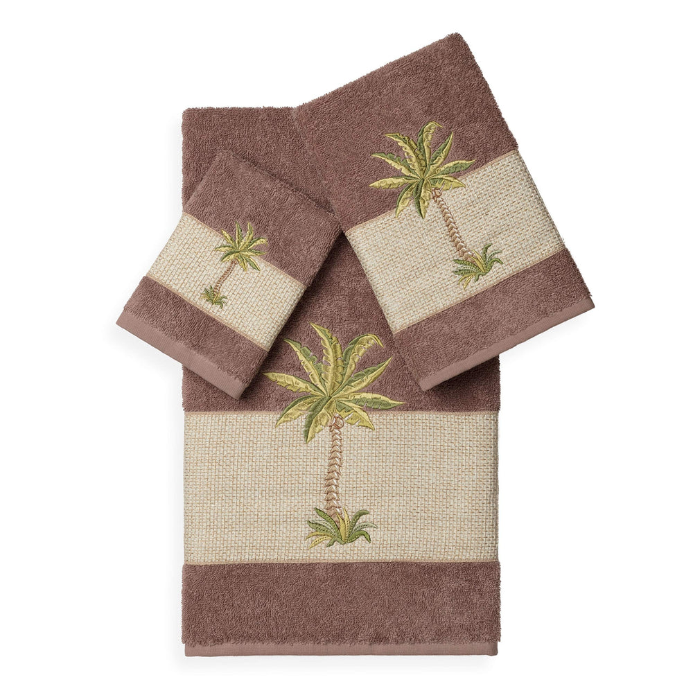 3 Piece Brown White Beach Theme Towel Set Latte Tan Tropical Pattern Towels Palm