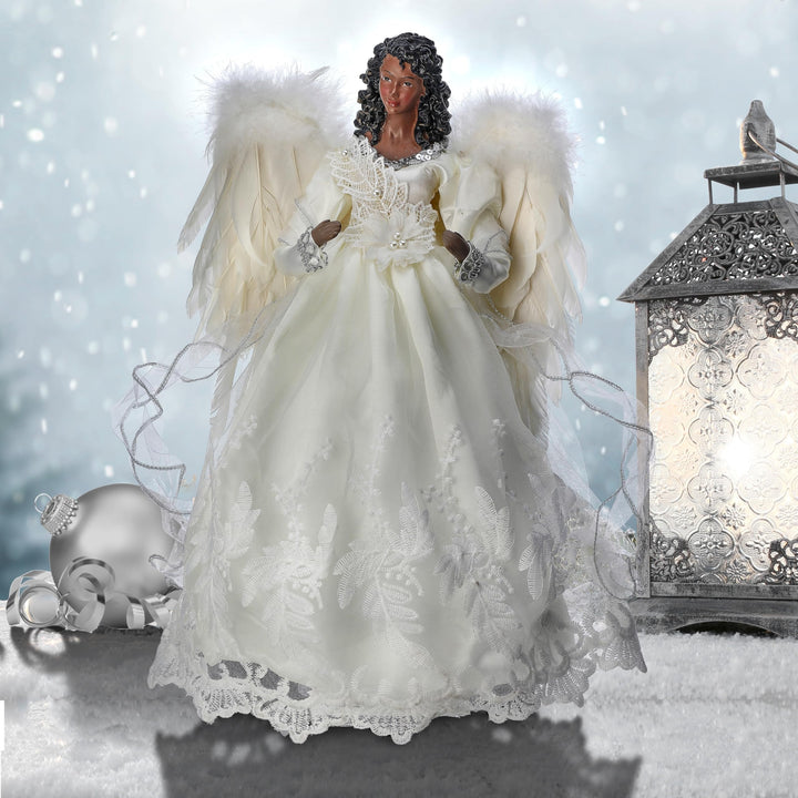 16" Fabric with Lace Black Angel Tree Topper Beige Polyester